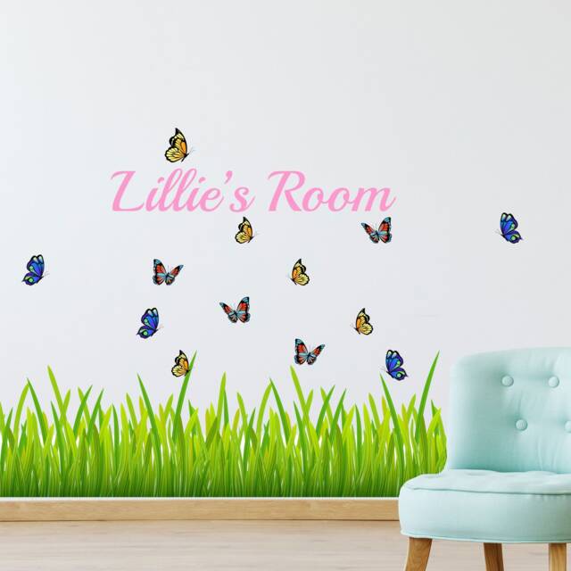 Custom Green Grass Wall Decals With Personalized Name & Butterflies For Bedroom Home Decor - image 1