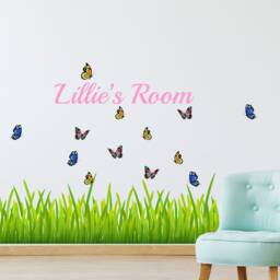 Custom Green Grass Wall Decals With Personalized Name & Butterflies For Bedroom Home Decor