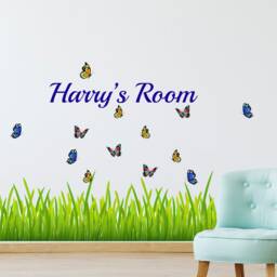 Custom Green Grass Wall Decals With Personalized Name & Butterflies For Bedroom Home Decor - thumbnail 3