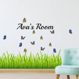 Custom Green Grass Wall Decals With Personalized Name & Butterflies For Bedroom Home Decor - thumbnail 2