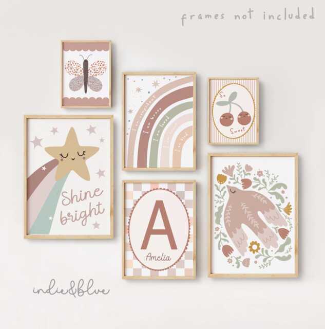 Set Of 6 Wildflower Girls Dusty Pink & Sage Green Gallery Wall Prints, Peace Dove, Positive Affirmations, Girl Nursery Bedroom Decor - image 1