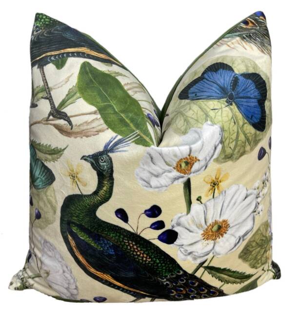 Peacock Italian Velvet Cushion Cover Light Yellow Butterfly Floral Botanical - image 1