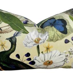 Peacock Italian Velvet Cushion Cover Light Yellow Butterfly Floral Botanical - thumbnail 2