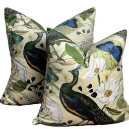 Peacock Italian Velvet Cushion Cover Light Yellow Butterfly Floral Botanical - thumbnail 3