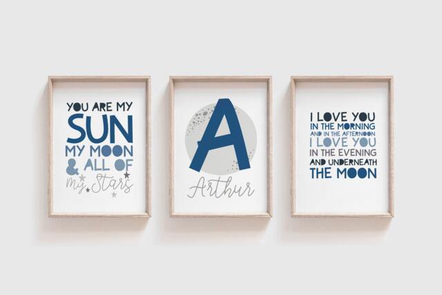 3 Boys Nursery Prints, Wall Art, Space Moon Stars, Bedroom Quotes, Decor, Set Of - image 1