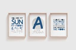 3 Boys Nursery Prints, Wall Art, Space Moon Stars, Bedroom Quotes, Decor, Set Of - thumbnail 1