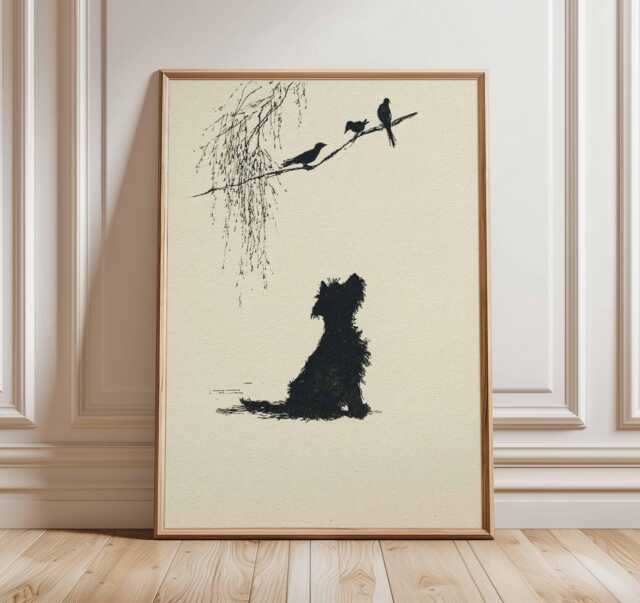 Minimalist Dog Wall Art, Black Silhouette & Birds Poster, Scandinavian Animal Print, Modern Pet Lovers Home Decor - image 1