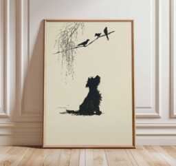 Minimalist Dog Wall Art, Black Silhouette & Birds Poster, Scandinavian Animal Print, Modern Pet Lovers Home Decor - thumbnail 1