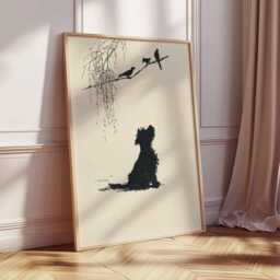 Minimalist Dog Wall Art, Black Silhouette & Birds Poster, Scandinavian Animal Print, Modern Pet Lovers Home Decor - thumbnail 2