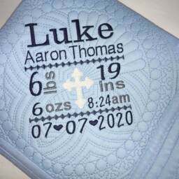 Cross Personalized Heirloom Baby Boy Quilt, Birth Statistic, Announcement Keepsake Blanket, Baptism Gift, Christening Gift - thumbnail 3