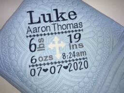 Cross Personalized Heirloom Baby Boy Quilt, Birth Statistic, Announcement Keepsake Blanket, Baptism Gift, Christening Gift - thumbnail 1