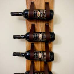 Wine Rack - Wall Hung Wood & Leather Wine - thumbnail 2