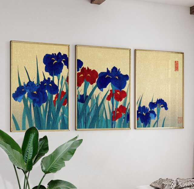 Japanese Iris Flowers Poster Set Of 3, Vintage Botanical Wall Art, Blue & Red Prints - image 1