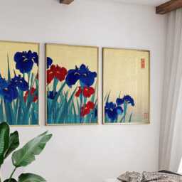Japanese Iris Flowers Poster Set Of 3, Vintage Botanical Wall Art, Blue & Red Prints - thumbnail 2