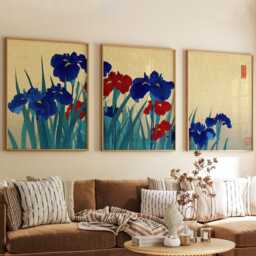 Japanese Iris Flowers Poster Set Of 3, Vintage Botanical Wall Art, Blue & Red Prints - thumbnail 3