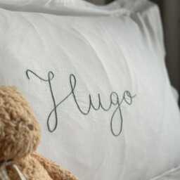 Hand Embroidered Name Pillowcase Heirloom Frill/ Oxford Pillow - thumbnail 2