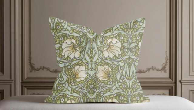 William Morris Pimpernel Green Cream Cushion, Handmade Pillow, Decorative Scatter Arts & Crafts Sofa Cushion - image 1