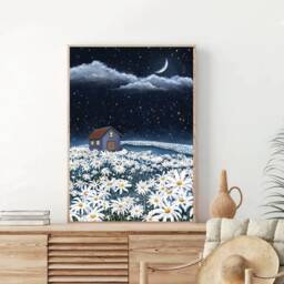 A3 A4 A5 Original Art Print - Floral Landscape Art Moon Daisy Field Flowers White Flower Botanical Flower - thumbnail 2
