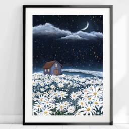 A3 A4 A5 Original Art Print - Floral Landscape Art Moon Daisy Field Flowers White Flower Botanical Flower - thumbnail 3