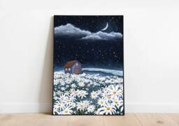 A3 A4 A5 Original Art Print - Floral Landscape Art Moon Daisy Field Flowers White Flower Botanical Flower
