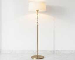 Floor Lamp in Antique Brass Color Designer Standing With White Drum Fabric Shade Elegant Ambient Lighting For Bedroom Living Room