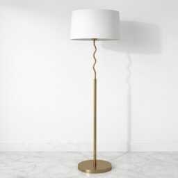 Floor Lamp in Antique Brass Color Designer Standing With White Drum Fabric Shade Elegant Ambient Lighting For Bedroom Livingroom Design - thumbnail 2