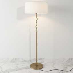 Floor Lamp in Antique Brass Color Designer Standing With White Drum Fabric Shade Elegant Ambient Lighting For Bedroom Livingroom Design - thumbnail 3