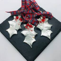 Holly Leaf Set Of 3 With Berries Christmas Decoration, Charm, Silver Holly Leaf Christmas Decoration, Pewter