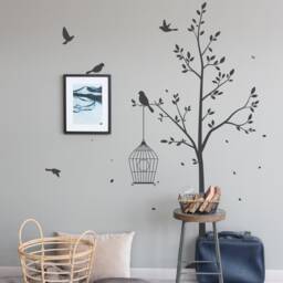 Elegant Tree Wall Decal With Birdcage - Birds Leaves Vinyl Living Room Sticker - thumbnail 1