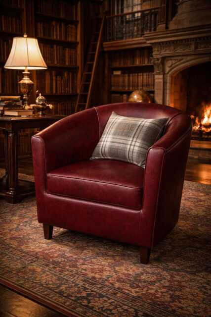 Tub Chair Upholstered in A Wine Faux Leather With Mahogany Wood Legs - image 1