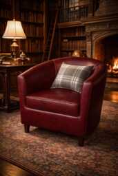Tub Chair Upholstered in A Wine Faux Leather With Mahogany Wood Legs - thumbnail 1