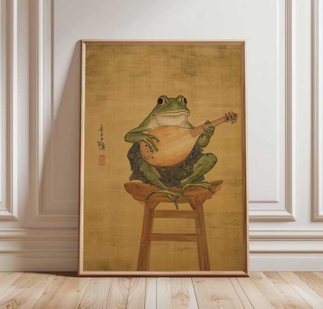 Frog Playing Lute Poster Print, Vintage Asian Style Animal Art, Whimsical Amphibian Wall Decor, Musical Artwork, Quirky Nature Print - image 1