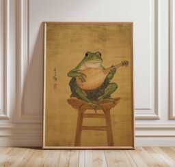 Frog Playing Lute Poster Print, Vintage Asian Style Animal Art, Whimsical Amphibian Wall Decor, Musical Artwork, Quirky Nature Print - thumbnail 1