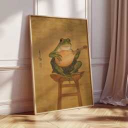 Frog Playing Lute Poster Print, Vintage Asian Style Animal Art, Whimsical Amphibian Wall Decor, Musical Artwork, Quirky Nature Print - thumbnail 3
