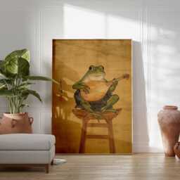 Frog Playing Lute Poster Print, Vintage Asian Style Animal Art, Whimsical Amphibian Wall Decor, Musical Artwork, Quirky Nature Print - thumbnail 4