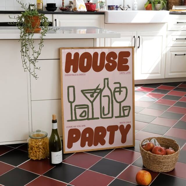 House Party - Drink Print Kitchen Music Poster Wall Art Disco Typographic Decor Homeware Home Cocktail Wine - image 1