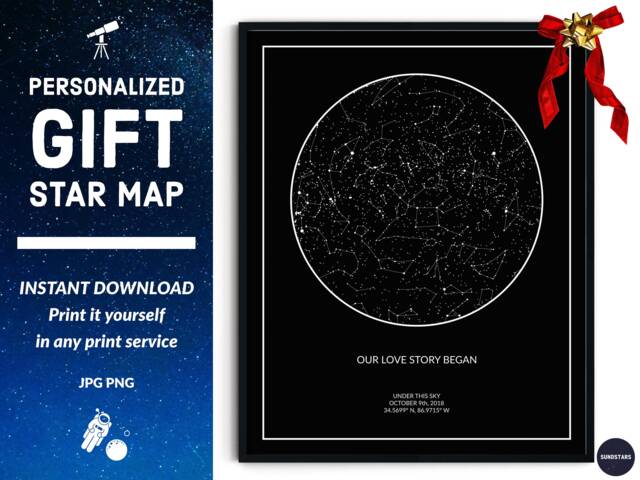 star Map By Date & Location, Over The Bed Wall Decor, Mothers Day Gifts For Grandma From Granddaughter - Digital Print - image 1