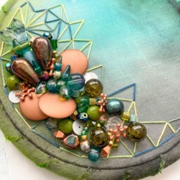 Beaded Embroidery Hoop Art - Hand Painted Crystals Oxidised Copper Wall Decor Handmade Craft Sewn - thumbnail 3