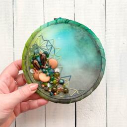 Beaded Embroidery Hoop Art - Hand Painted Crystals Oxidised Copper Wall Decor Handmade Craft Sewn - thumbnail 2