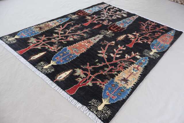 5x7 Tree Of Life Gabbeh Rug Afghan Nomadic Rug, Trees Pictorial Handmade Wool Black Oriental Boho Home Decor, Living Room - image 1