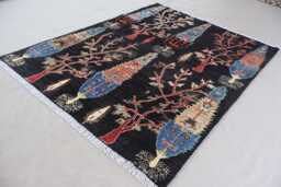 5x7 Tree Of Life Gabbeh Rug Afghan Nomadic Rug, Trees Pictorial Handmade Wool Black Oriental Boho Home Decor, Living Room - thumbnail 1