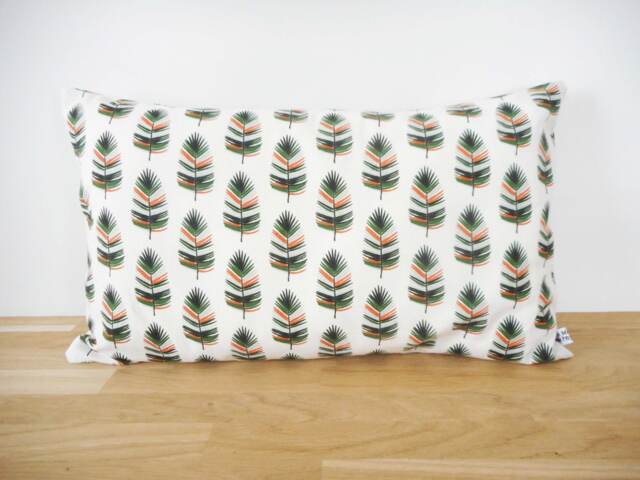 Cushion Cover 50 X 30 cm, White Fabric Printed With Palm Leaves, Orange & Green, Interior Decoration, Nature, Cushion, Zen, Trend - image 1