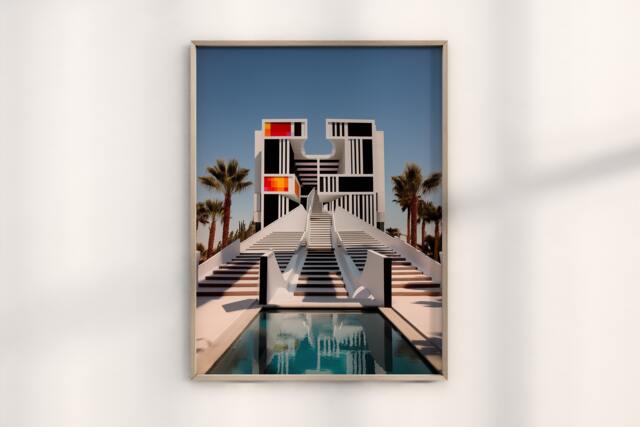 Bauhaus Hotel Architecture Dubai Poster, Design Art, Palm Trees Print, Modern D??cor, Middle East Style Art - image 1