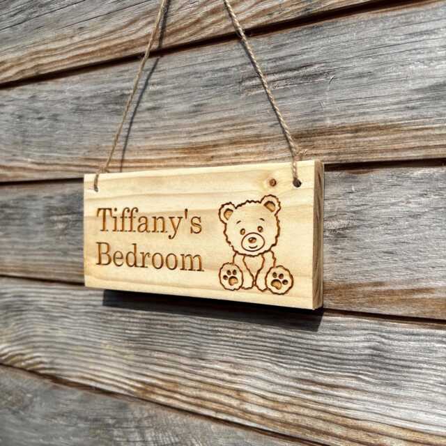 Personalised Teddy Bear Wooden Name Sign - Custom Engraved Kids Room Plaque - image 1