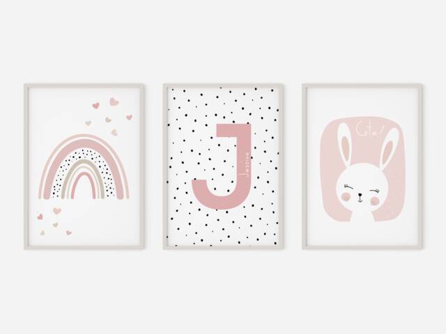 Personalised Nursery Prints, Animal Set Of 3, Kids Alphabet Rainbow Bunny Prints - image 1