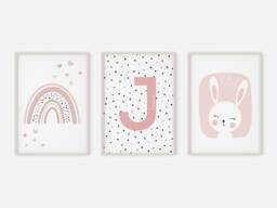 Personalised Nursery Prints, Animal Set Of 3, Kids Alphabet Rainbow Bunny Prints - thumbnail 1