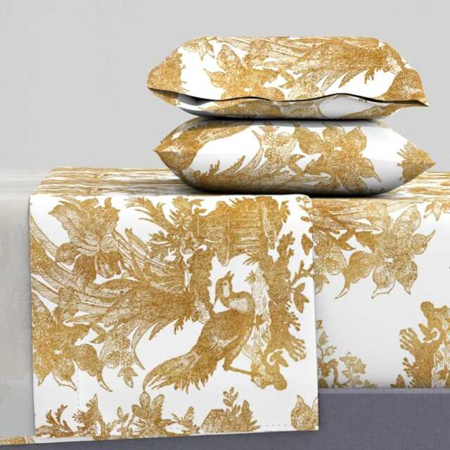 Toile Sheets - Chinoiserie By Peacoquettedesigns Asian Gold White Chinese Cotton Sateen Sheet Set Bedding Spoonflower - image 1