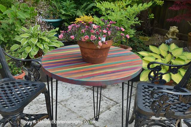 Round Bistro Table Outdoor Garden Furniture Tropical Sunset Colour Scheme Black Hair Pin Legs Marine Weatherproof Varnish Finish - image 1