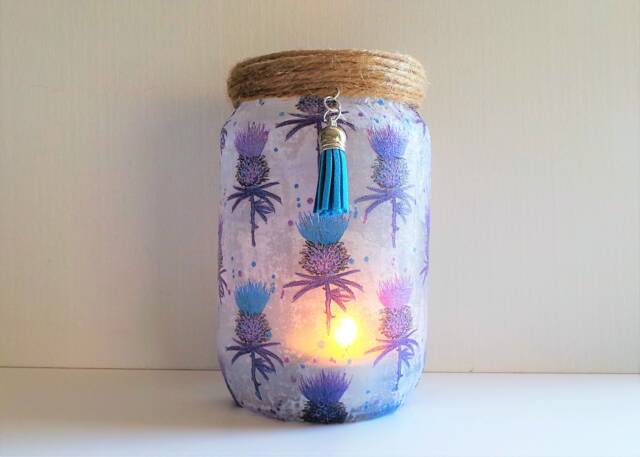 Scottish Thistle Decoupage Candle Holder, Upcycled Glass Jar Lamp - image 1