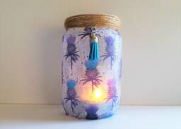 Scottish Thistle Decoupage Candle Holder, Upcycled Glass Jar Lamp - thumbnail 1